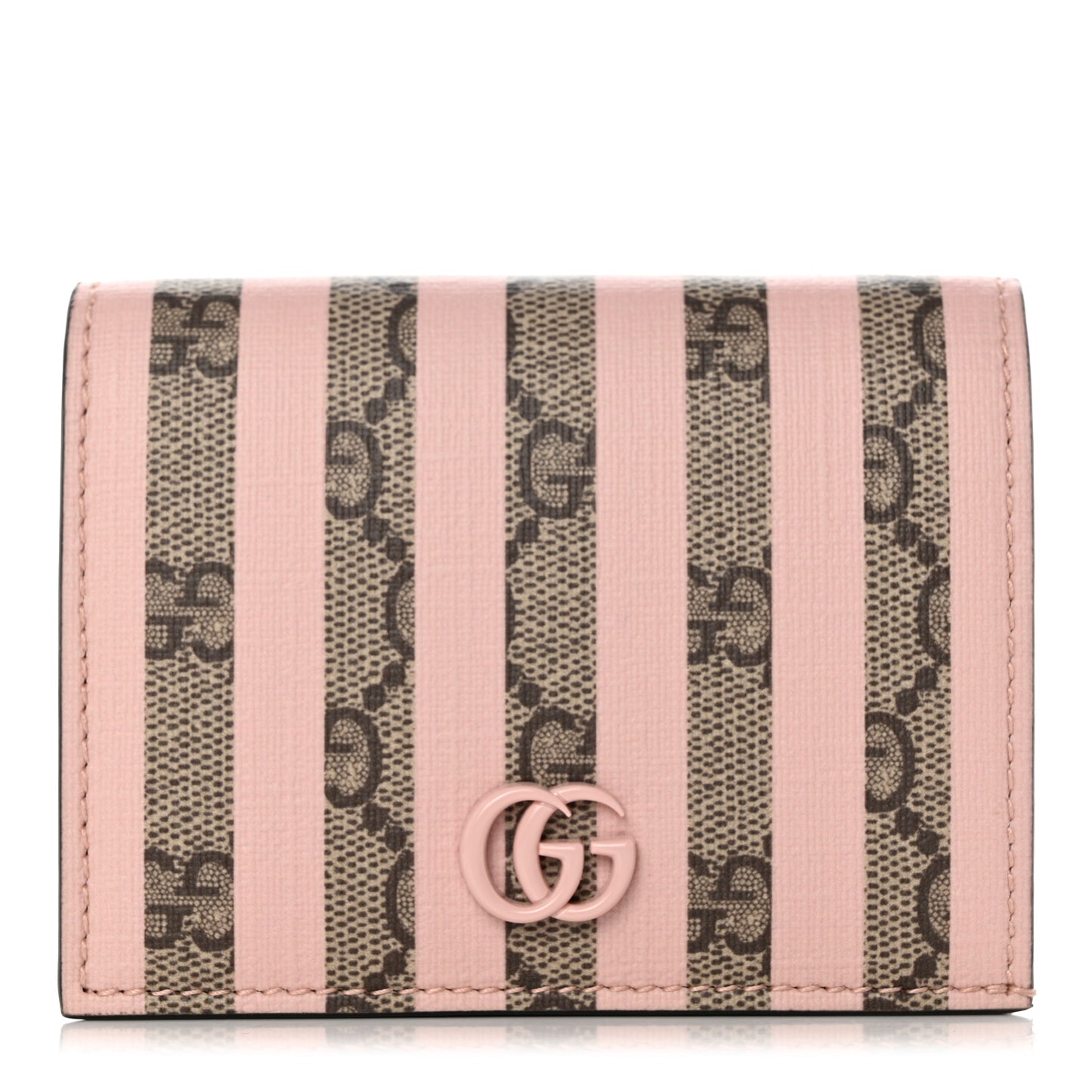 GG Supreme Monogram Vitello Eclipse Enamel Stripes GG Marmont Card Case Wallet Beige Ebony Perfect Pink
