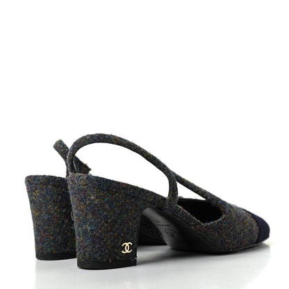 Chanel Tweed Cap Toe CC Slingback Pumps 36 Black Dark Grey 4 of 11