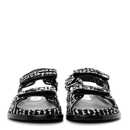 Chanel Tweed Lambskin Dad Sandals 37.5 Black White 2 of 8