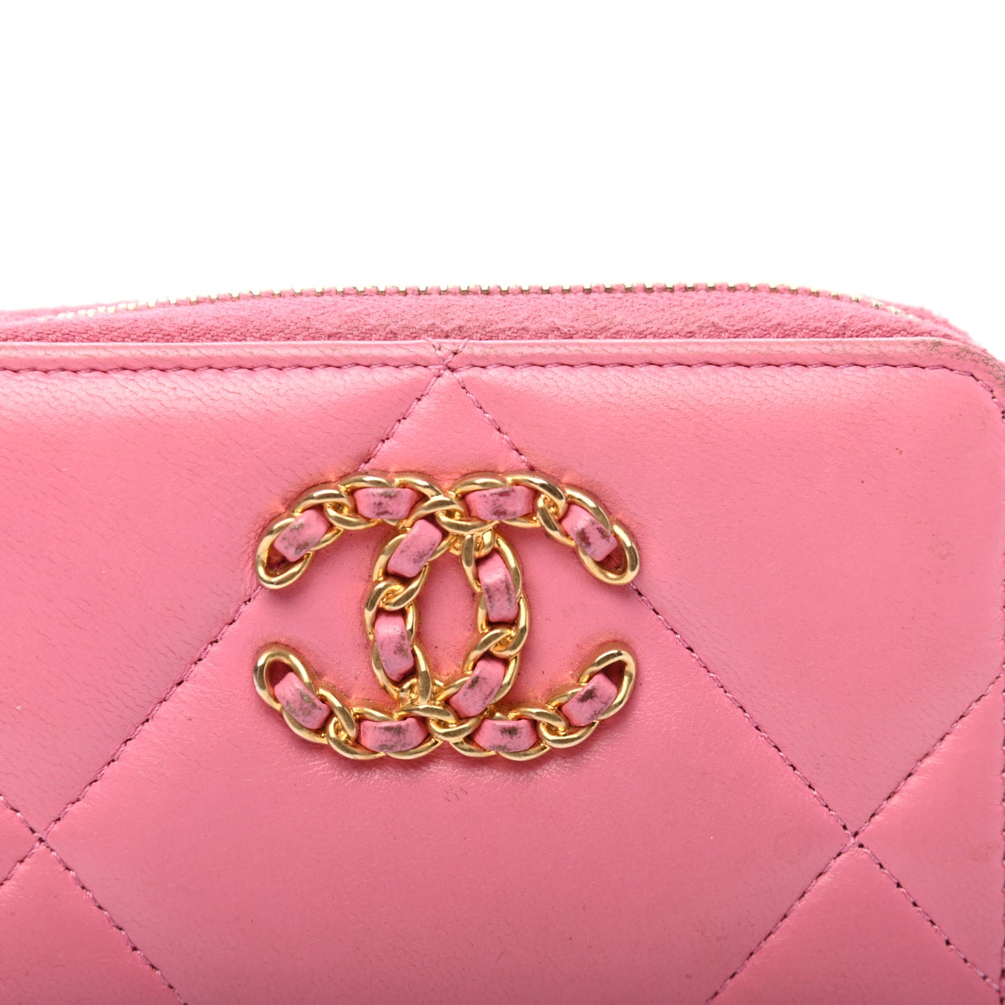 Lambskin Quilted Chanel 19 Zip Around Coin Purse Wallet Pink