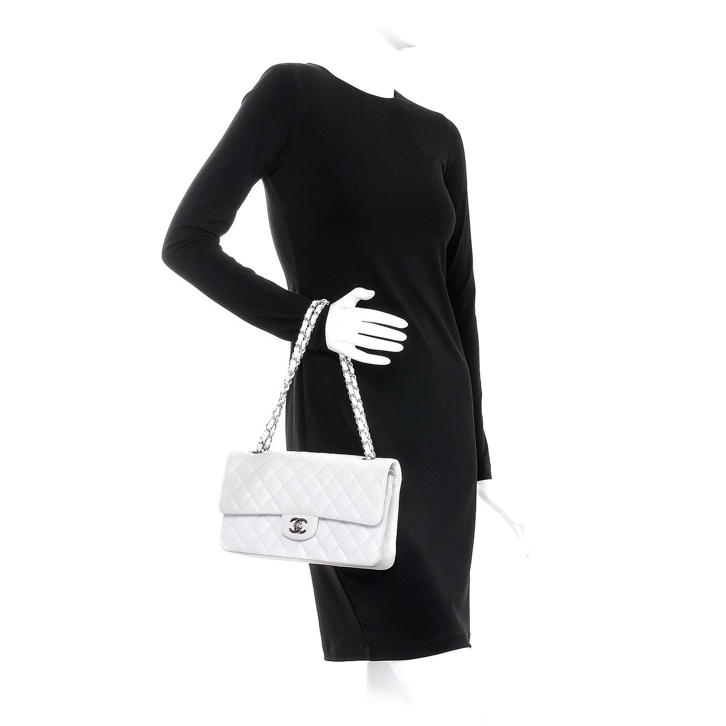 Caviar Quilted Medium Double Flap White