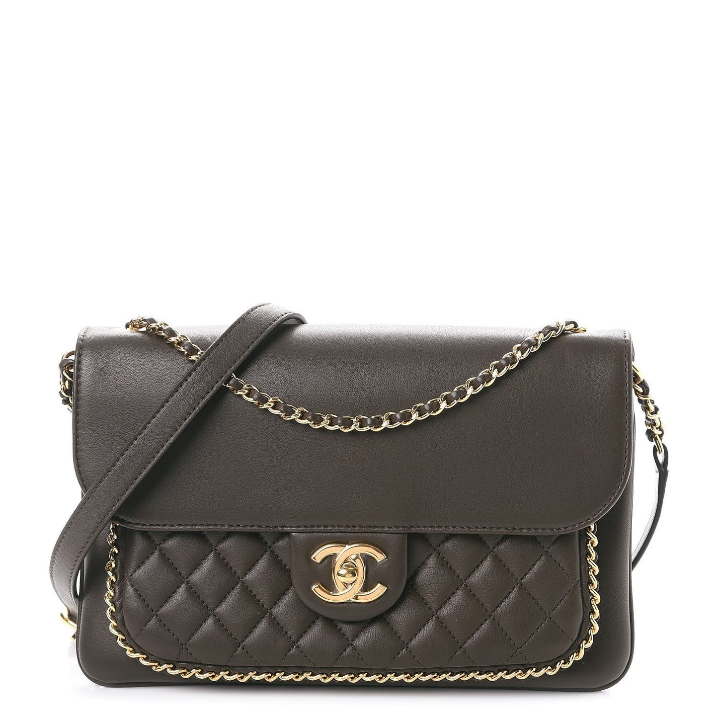 Lambskin Quilted Large CC Unchained Crossbody Dark Khaki