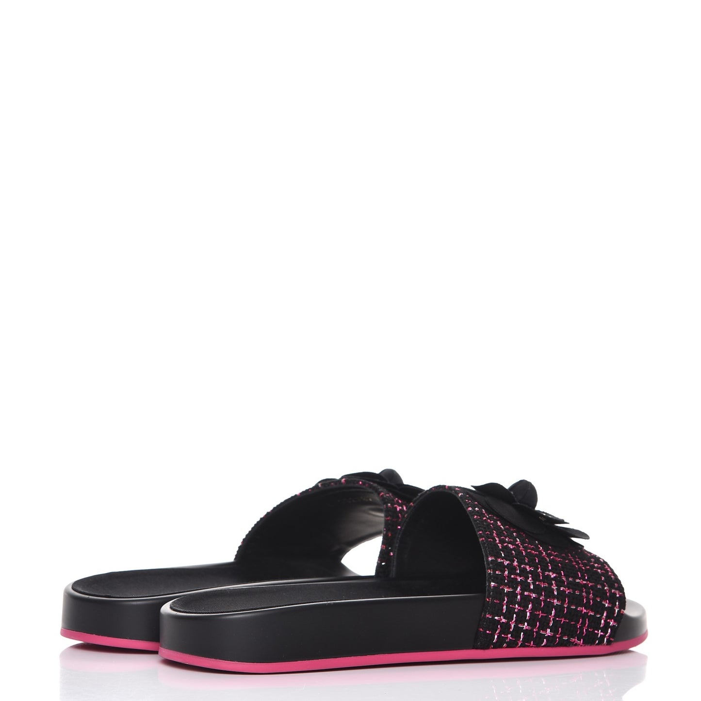 Tweed Grosgrain Camellia CC Flat Mules 41 Black Pink