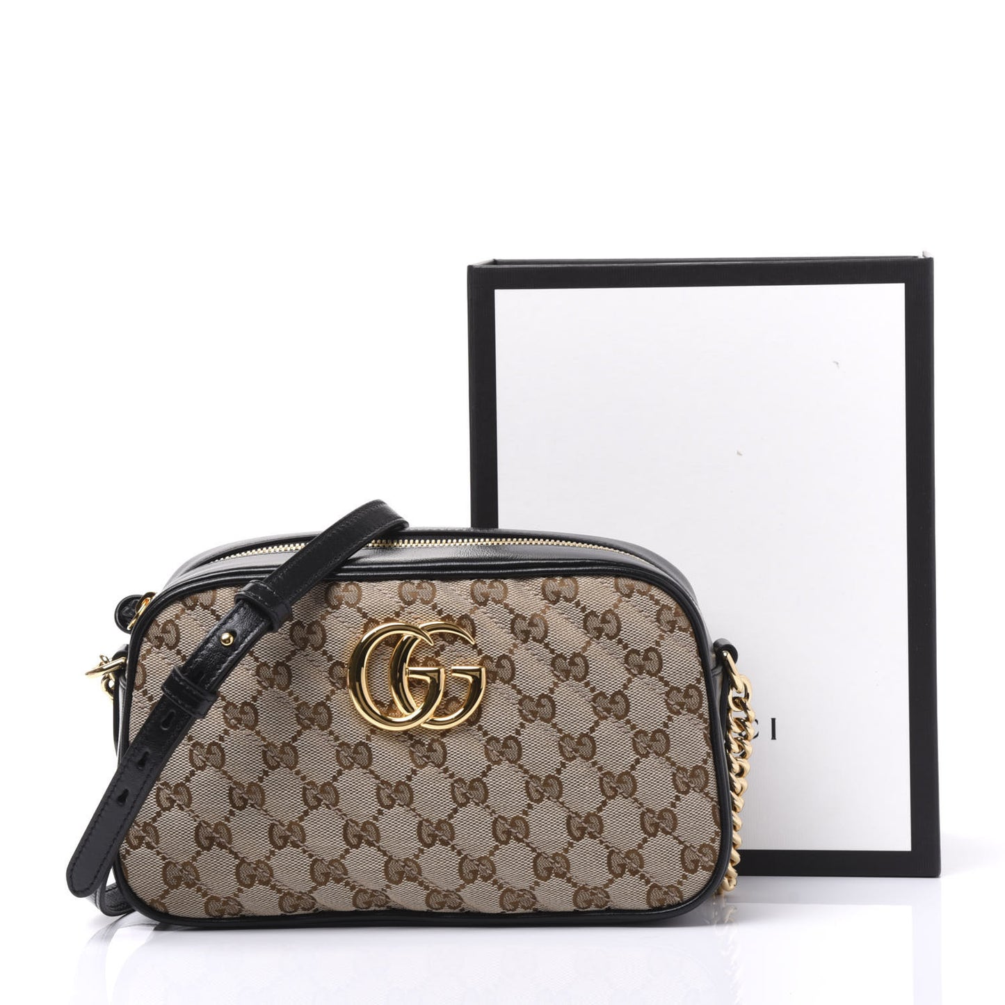 Monogram Matelasse Diagonal Small GG Marmont Chain Shoulder Bag Beige Black