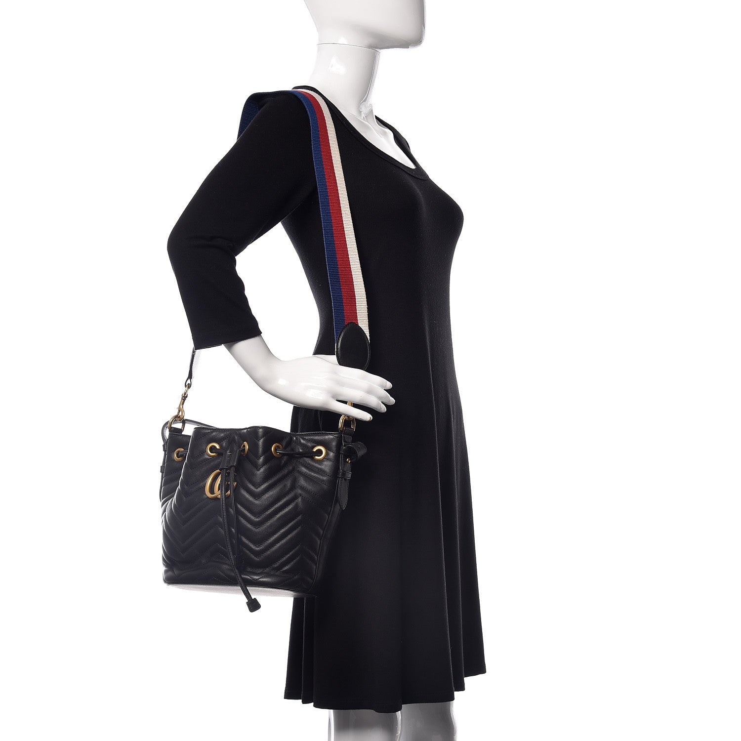 Gucci Calfskin Matelasse Sylvie Web GG Marmont Bucket Bag Black 2 of 11