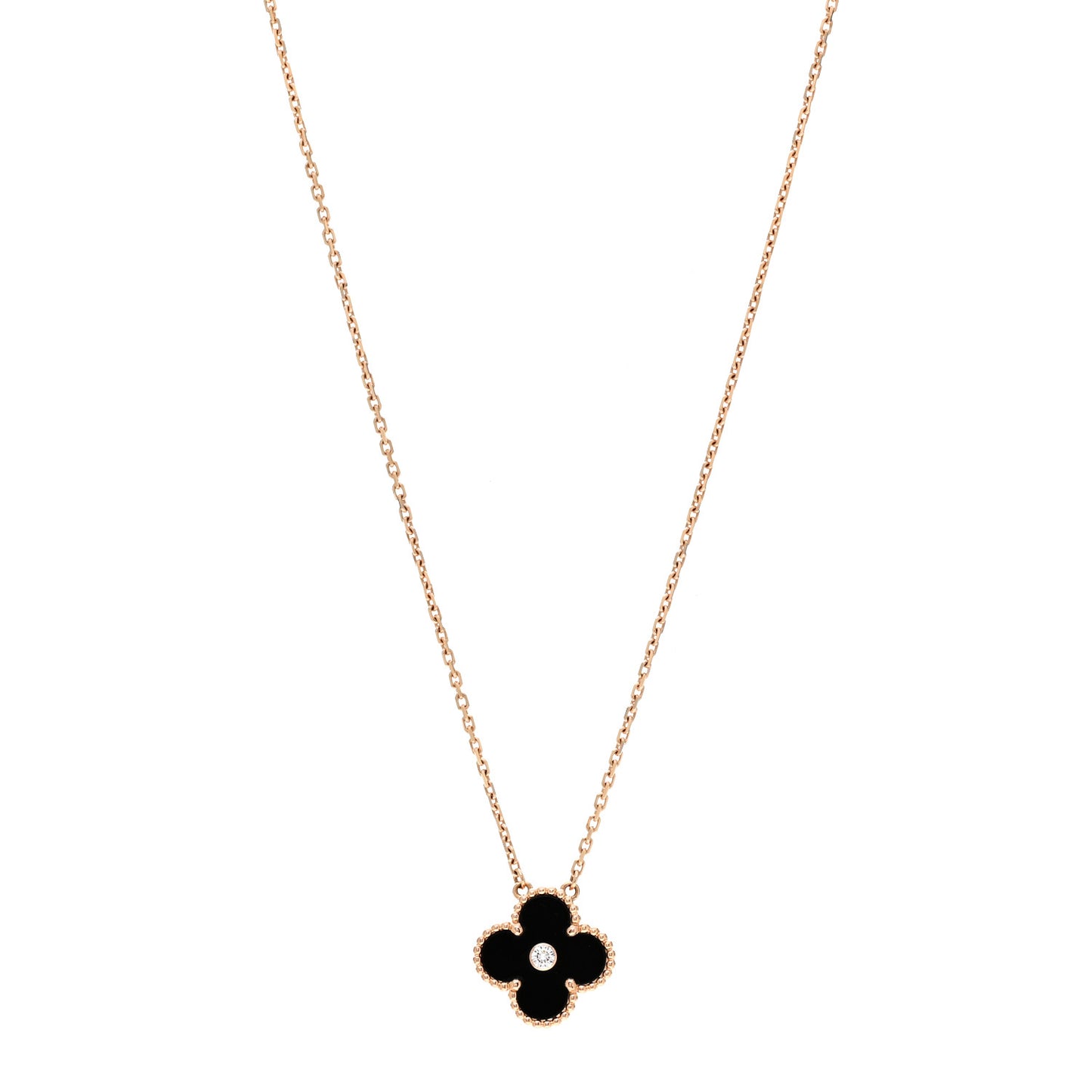 18K Rose Gold Diamond Black Onyx Vintage Alhambra Pendant Necklace