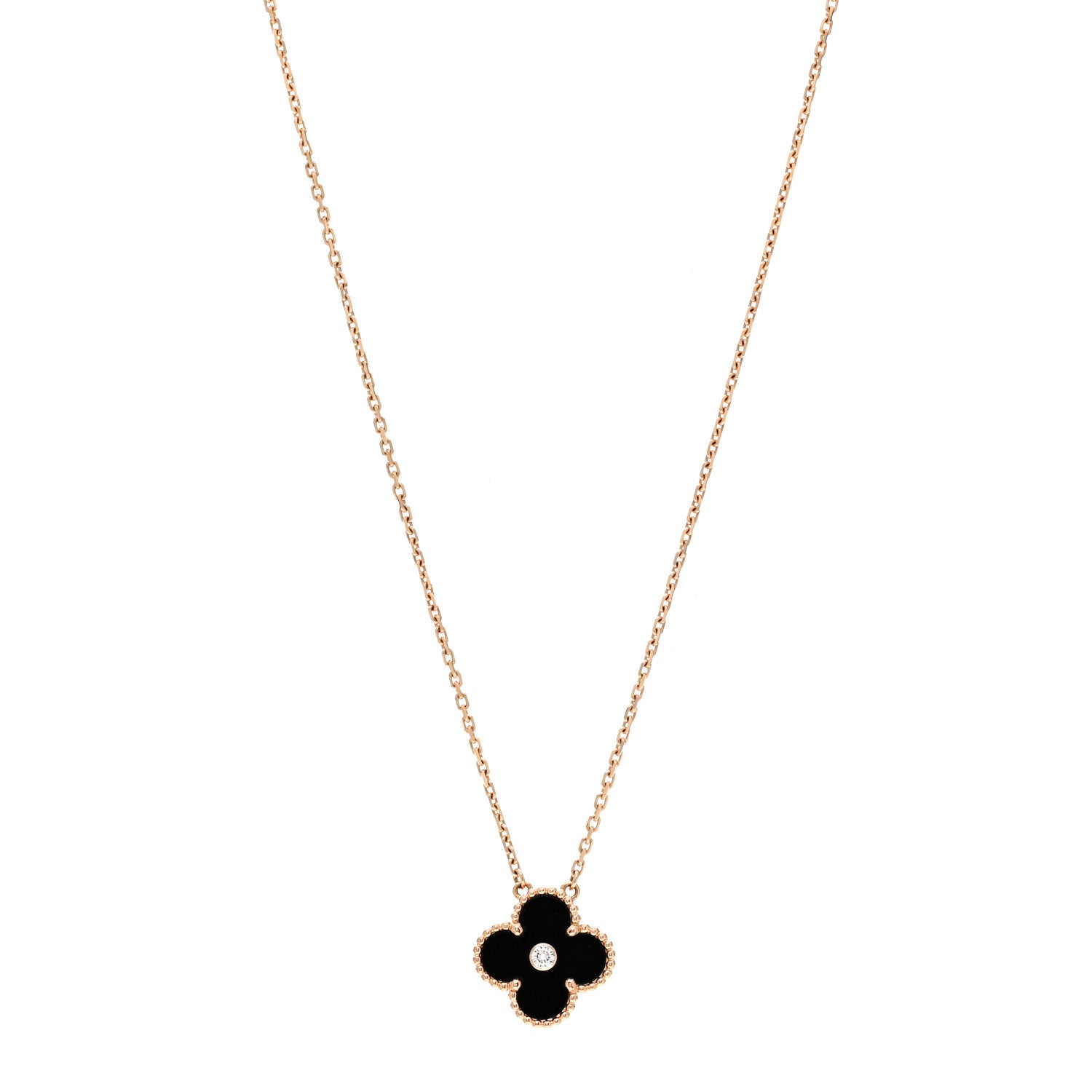 Van Cleef & Arpels 18K Rose Gold Diamond Black Onyx Vintage Alhambra Pendant Necklace 1 of 7