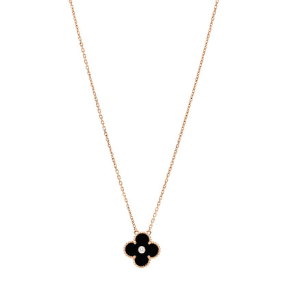 Van Cleef & Arpels 18K Rose Gold Diamond Black Onyx Vintage Alhambra Pendant Necklace 1 of 7