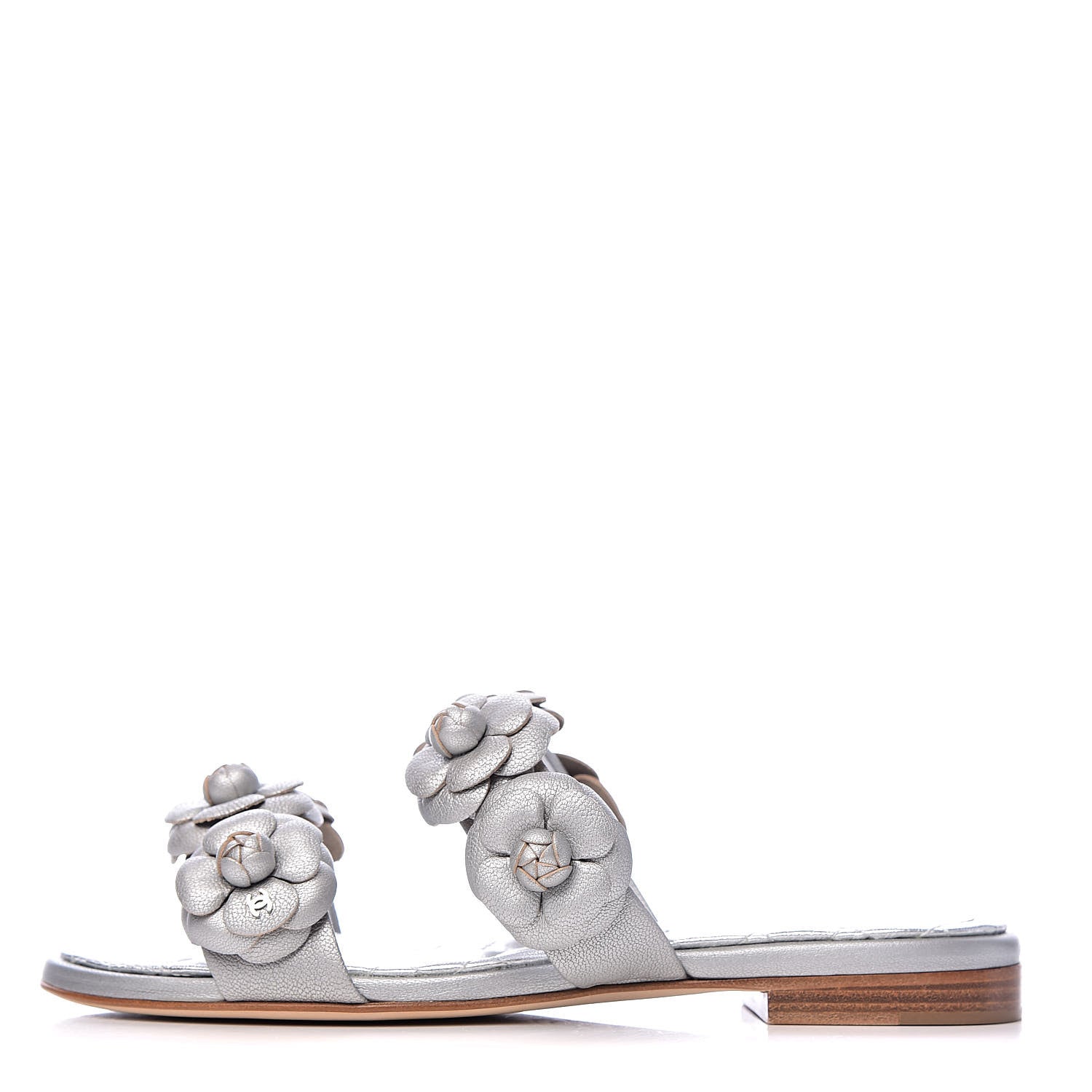 Chanel Metallic Lambskin Camellia Slide Sandals 35 Silver 1 of 12