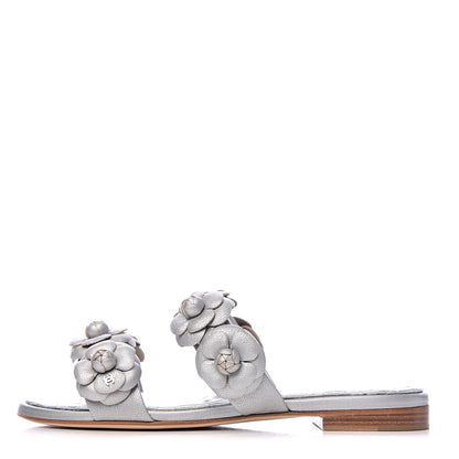 Chanel Metallic Lambskin Camellia Slide Sandals 35 Silver 1 of 12
