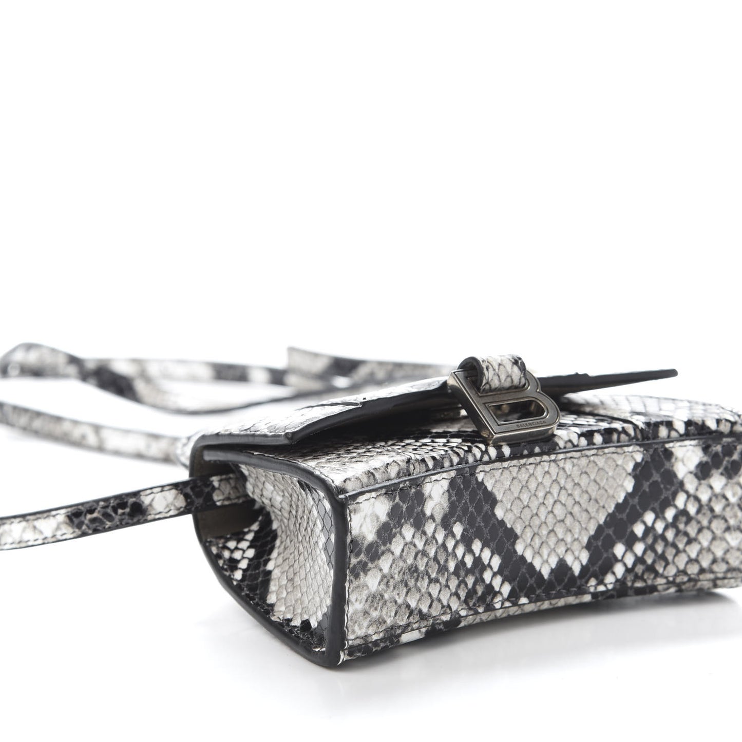 Shiny Calfskin Python Effect Hourglass Top Handle Bag Mini Black White