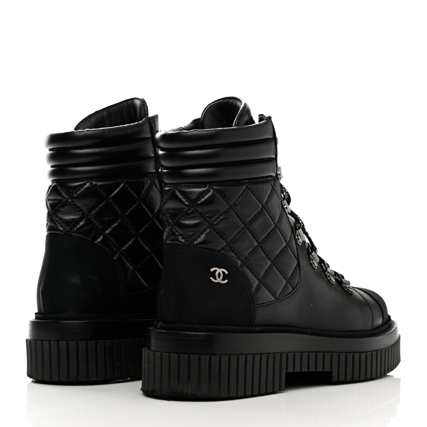 Calfskin Grosgrain Quilted Lace Up Boots 37 Black Grey