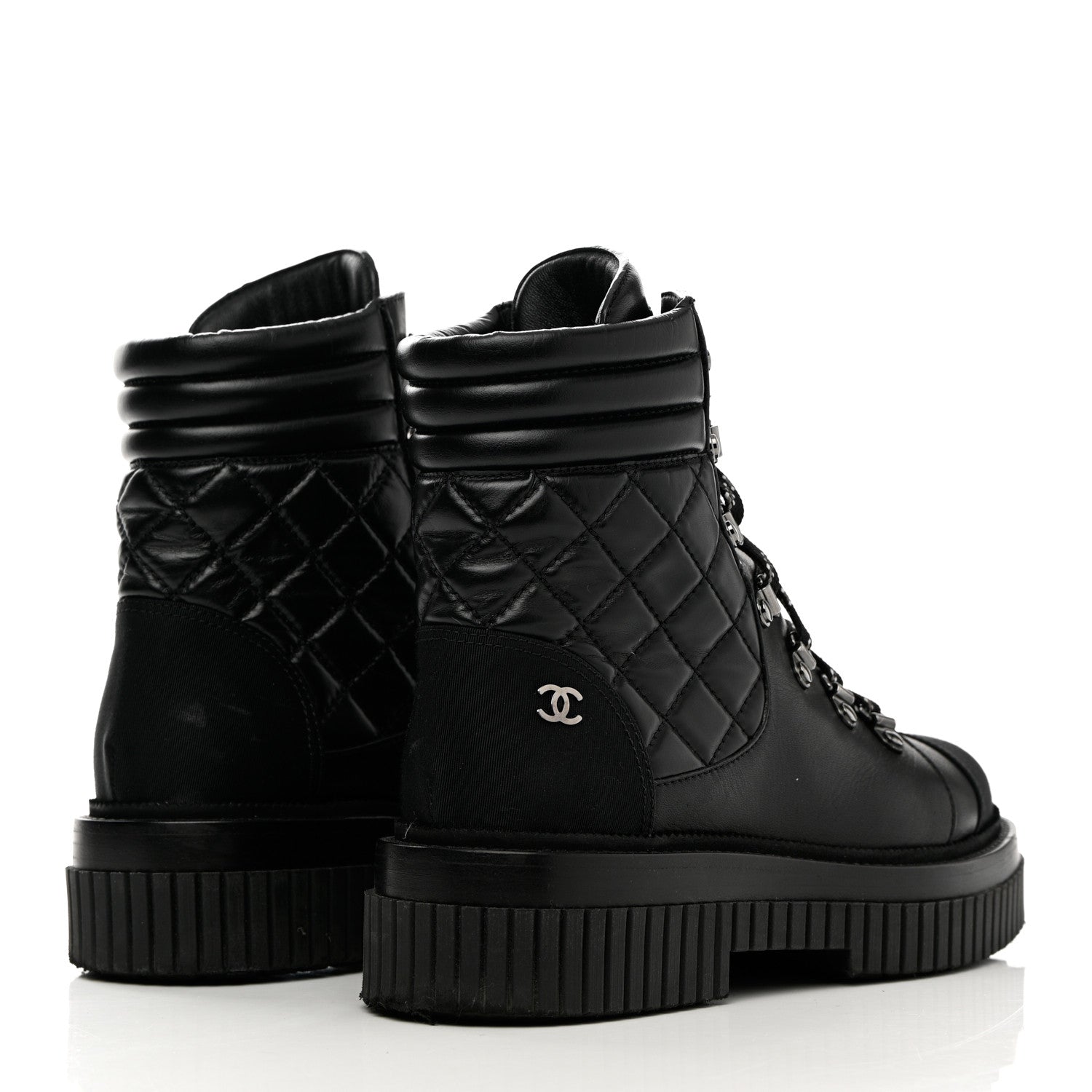 Chanel Calfskin Grosgrain Quilted Lace Up Boots 37 Black Grey 4 of 19