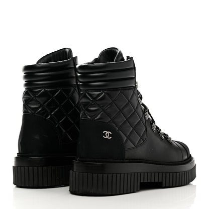 Chanel Calfskin Grosgrain Quilted Lace Up Boots 37 Black Grey 4 of 19