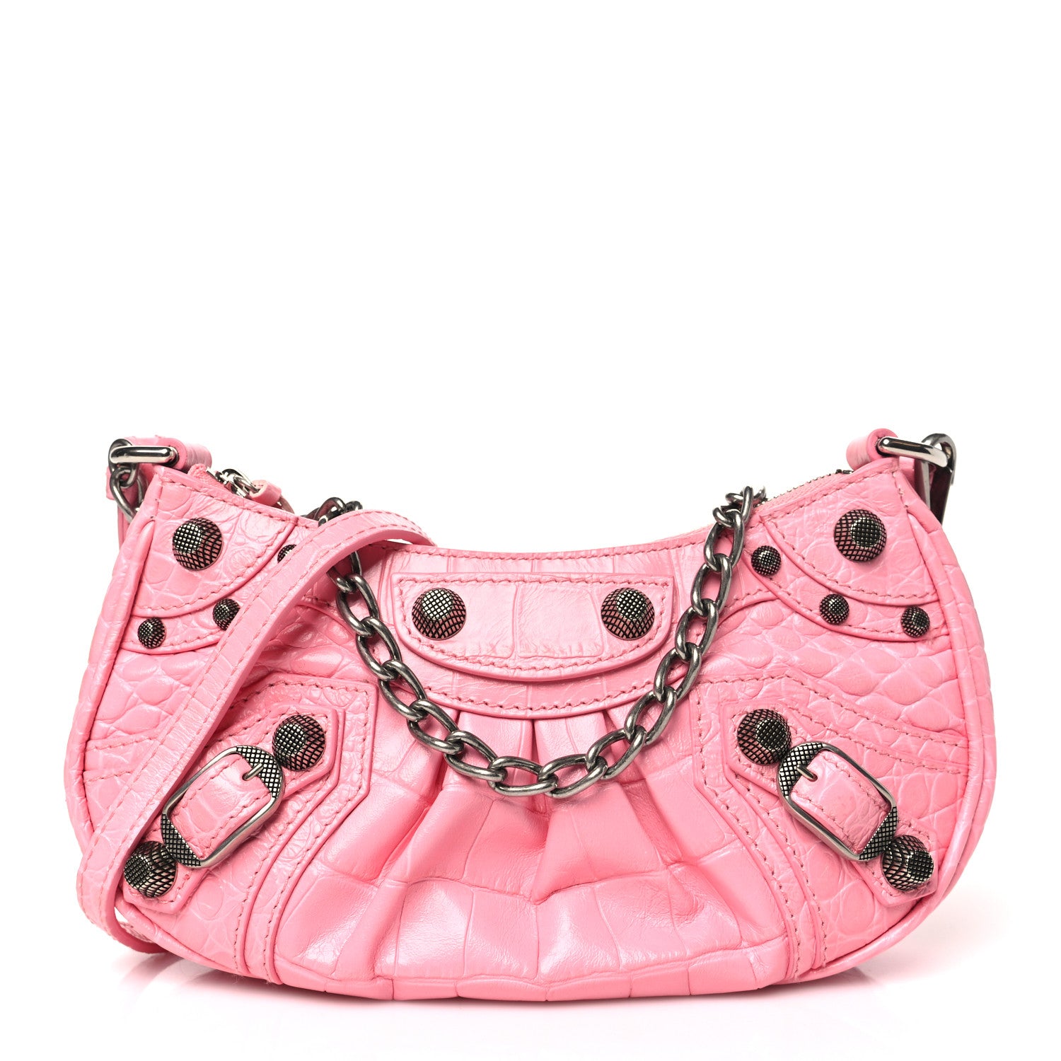 Balenciaga Extra Supple Calfskin Crocodile Embossed Le Cagole Mini Purse With Chain Sweet Pink 1 of 10