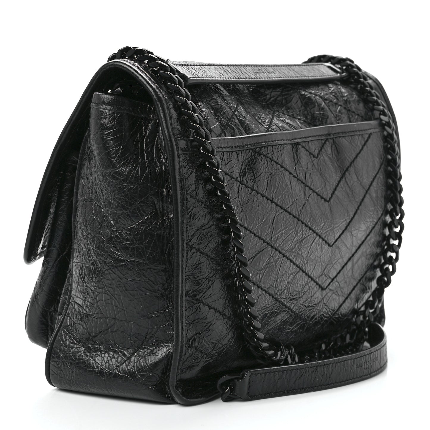 Crinkled Calfskin Matelasse Monogram Medium Niki Chain Satchel Black