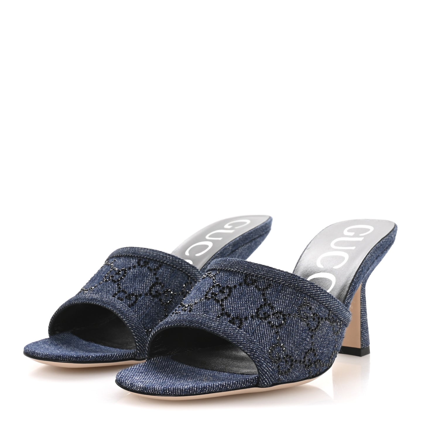 Denim Crystal GG Monogram Mules 38.5 Blue