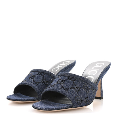 Gucci Denim Crystal GG Monogram Mules 38.5 Blue 4 of 9
