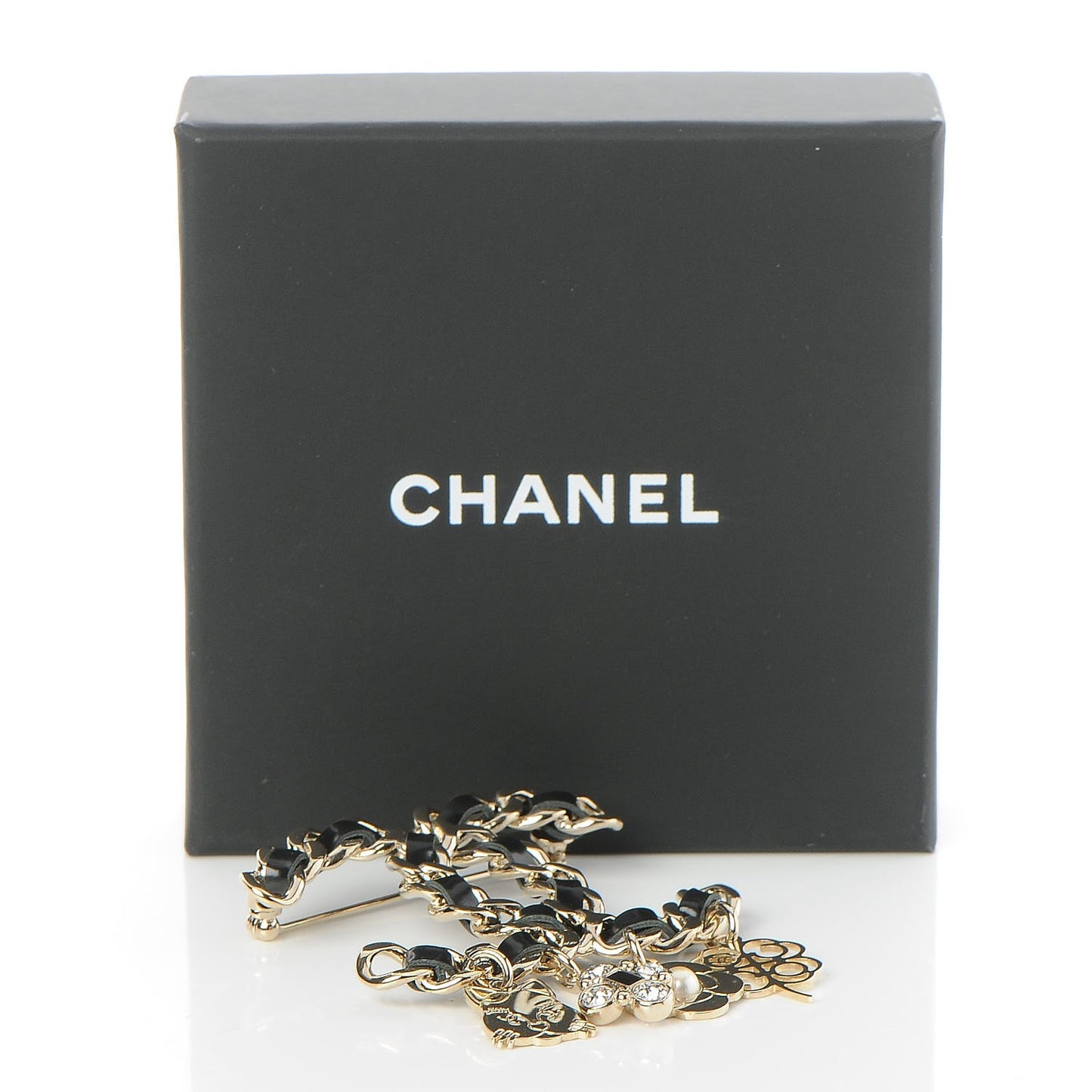 Lambskin Crystal Chain CC Charms Brooch Black Gold