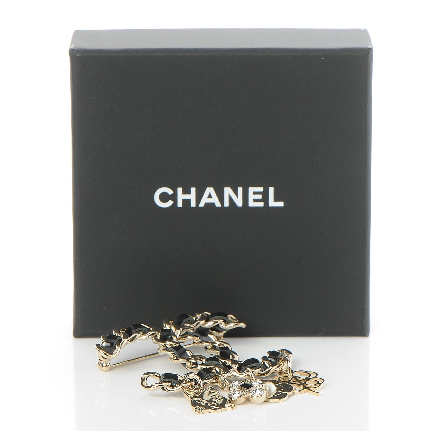 Chanel Lambskin Crystal Chain CC Charms Brooch Black Gold 5 of 5