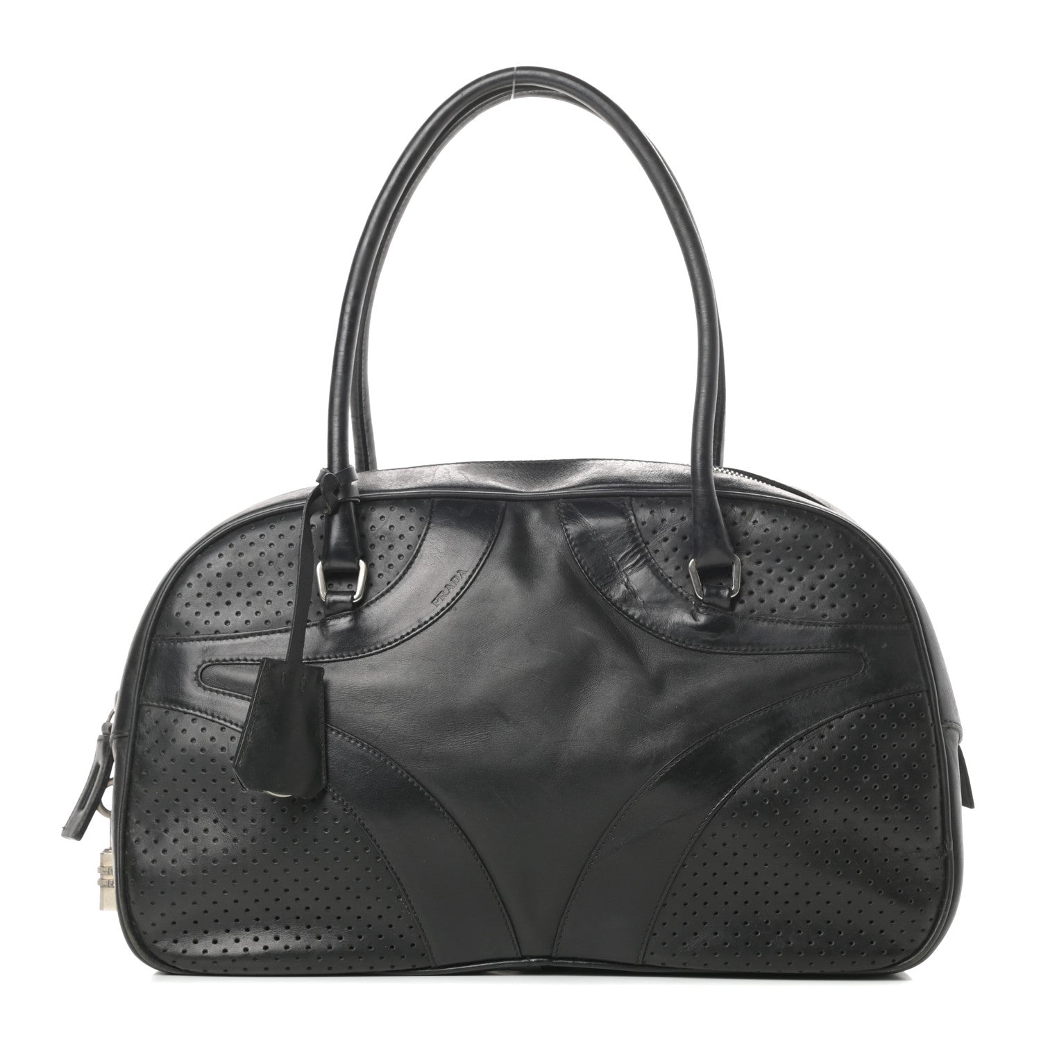Prada Vitello Drive Perforated Bowling Bag Black 1 of 17