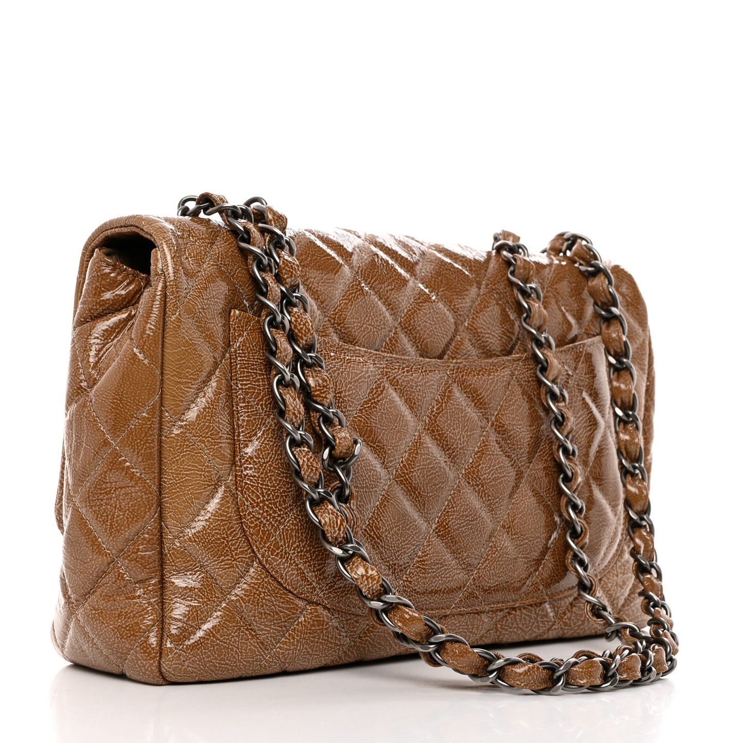 Crinkled Patent Quilted Jumbo Single Flap Camel Beige