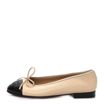 Chanel Lambskin Cap Toe CC Ballerina Flats 35.5 Beige Black 1 of 8