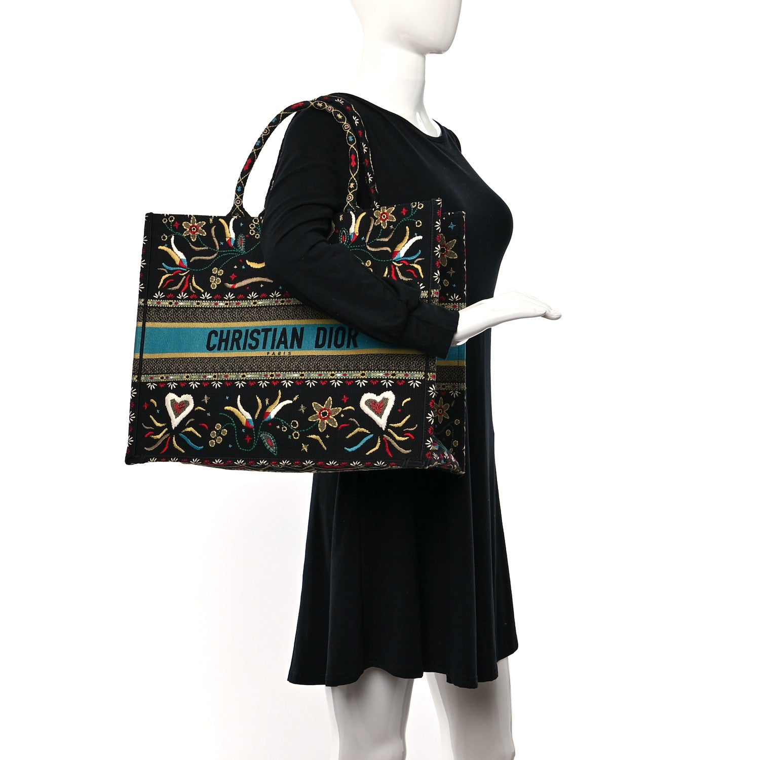 Christian Dior Canvas Embroidered Large Flowers Heart Book Tote Black Multicolor 2 of 9