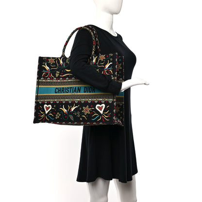 Christian Dior Canvas Embroidered Large Flowers Heart Book Tote Black Multicolor 2 of 9