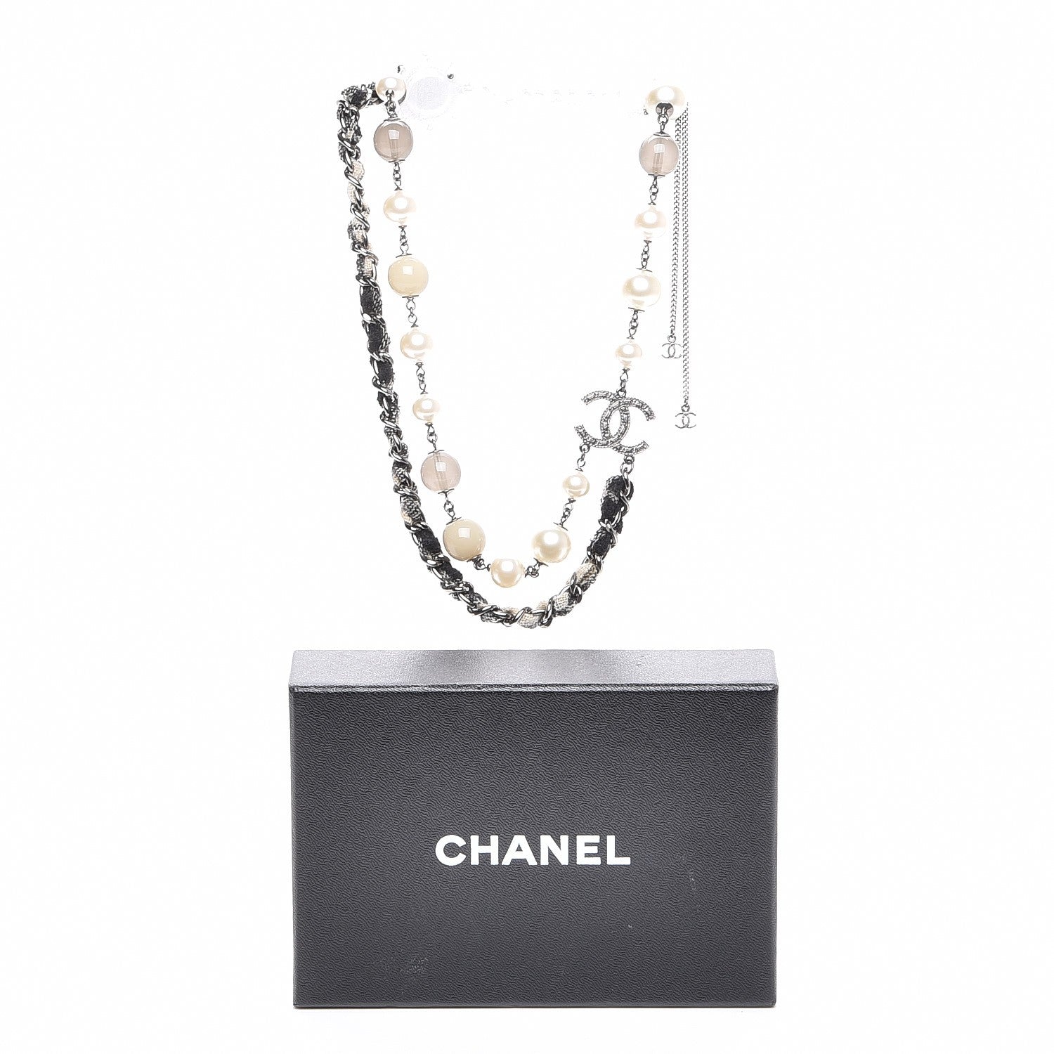 Chanel Pearl Glass Bead Chain CC Necklace Silver 6 of 6