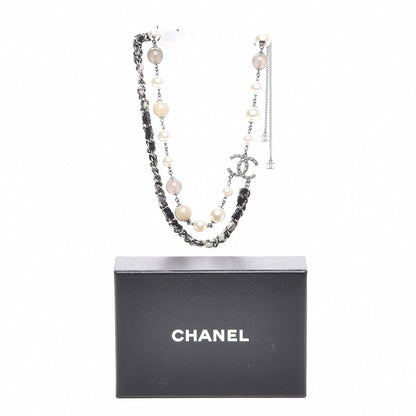 Chanel Pearl Glass Bead Chain CC Necklace Silver 6 of 6