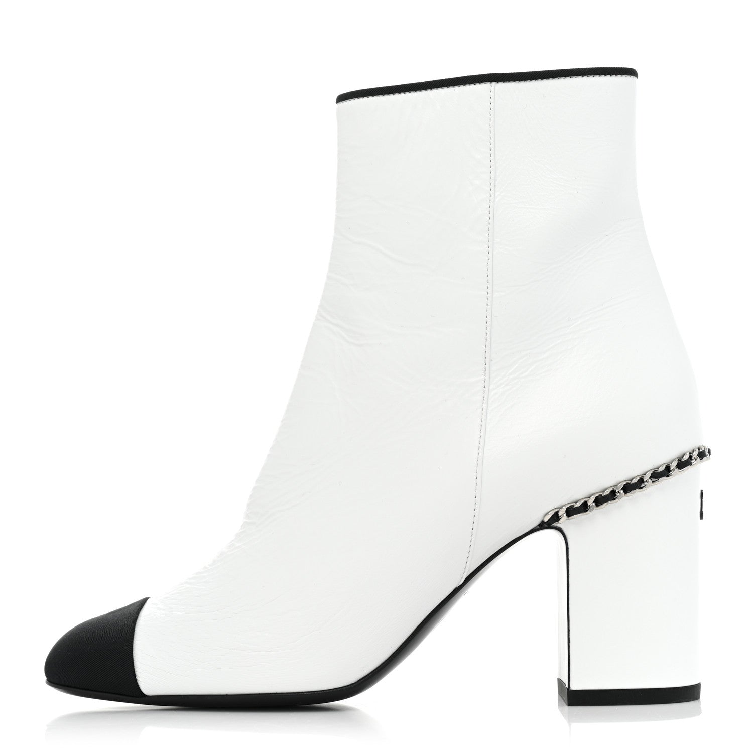 Chanel Laminated Lambskin Grosgrain Cap Toe Chain Short Boots 37.5 White Black 1 of 9