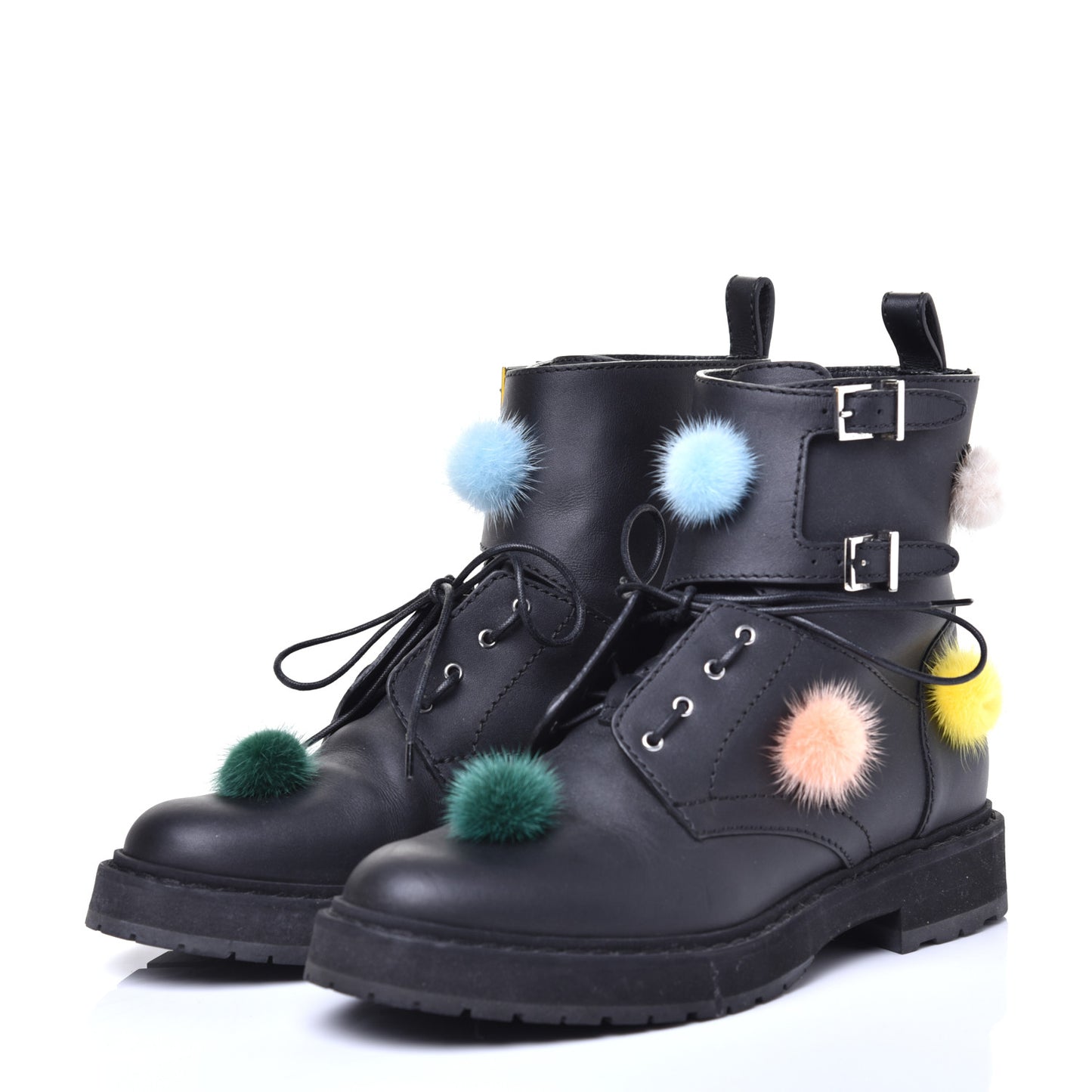 Calfskin Pom Pom Biker Boots 36 Black