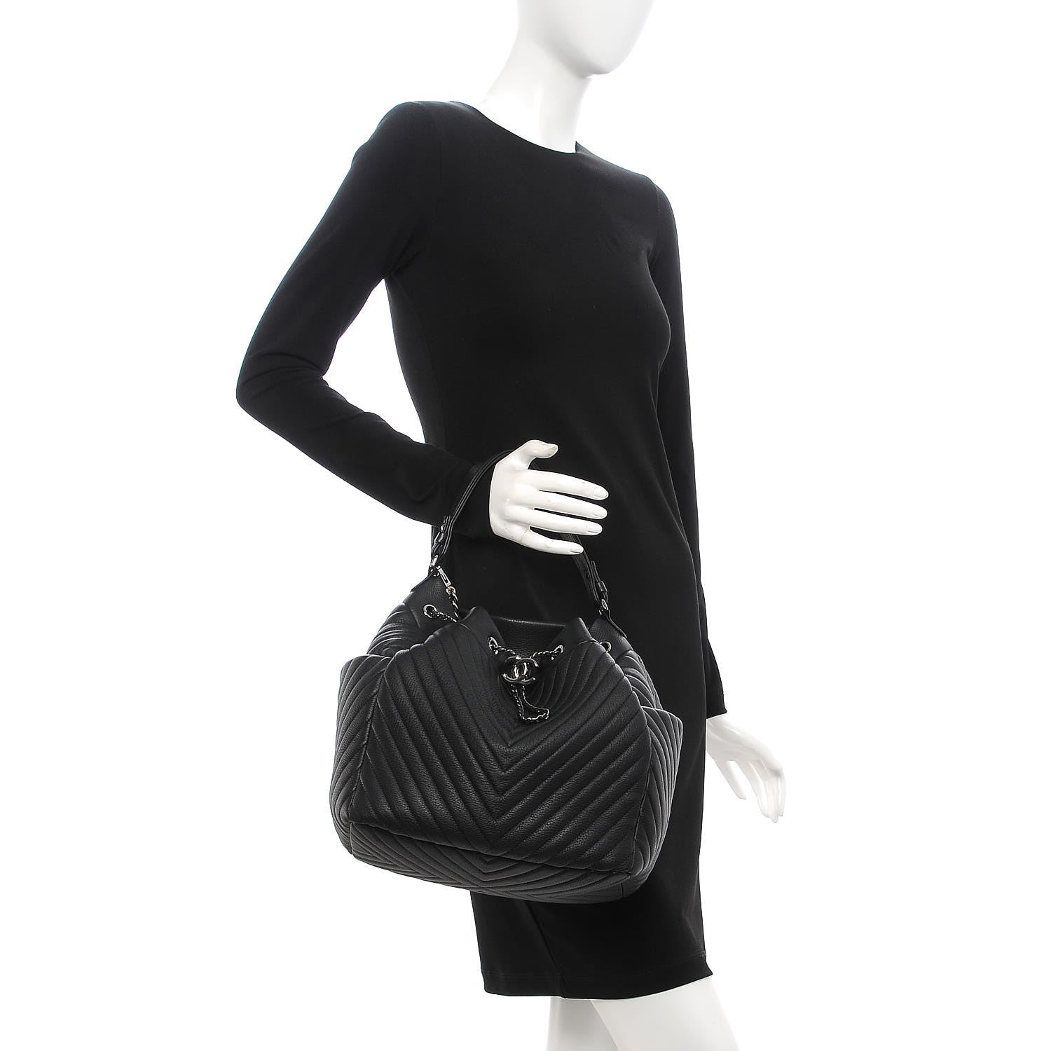 Chanel Deerskin Chevron Large CC Chain Bucket Drawstring Bag Black 3 of 9