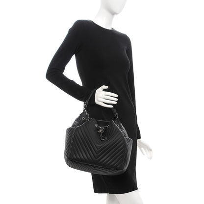 Chanel Deerskin Chevron Large CC Chain Bucket Drawstring Bag Black 3 of 9