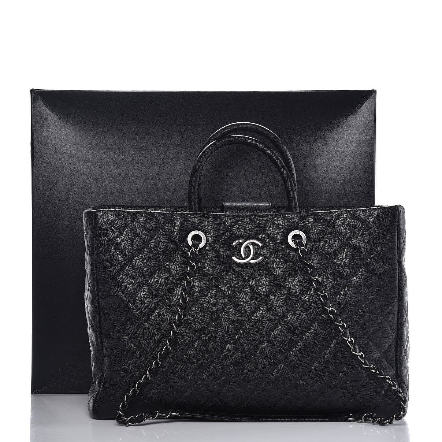 Caviar Quilted Large Coco Handle Shopping Tote Black