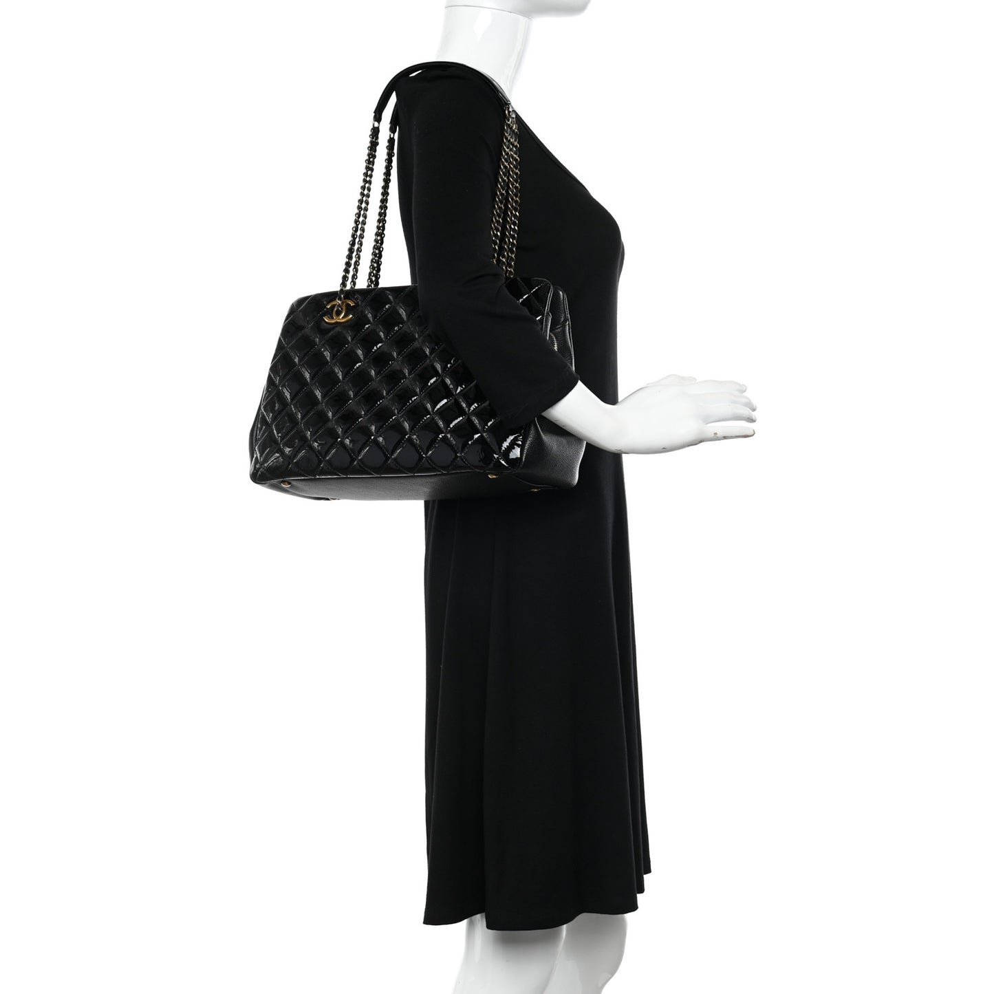 Patent Goatskin Quilted Small CC Eyelet Tote Black