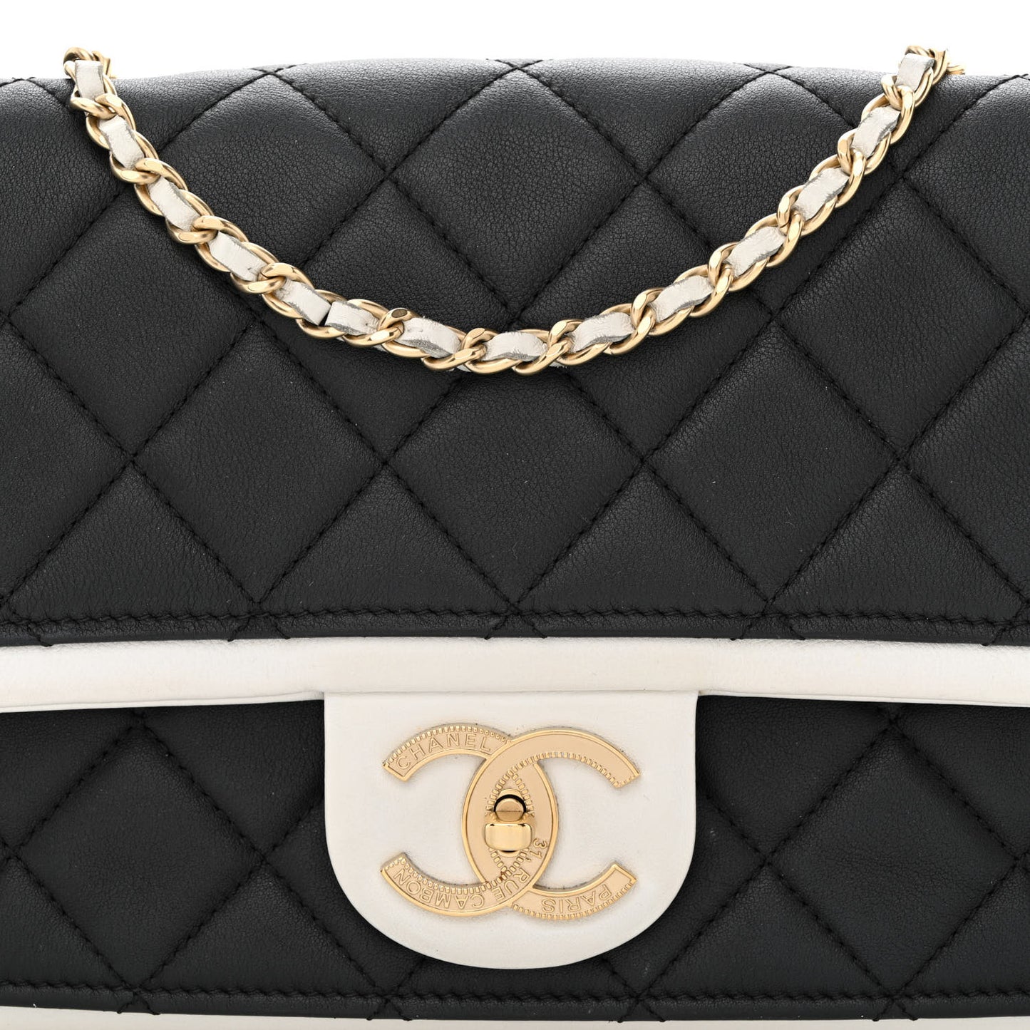 Calfskin Quilted Medium Graphic Flap Black White