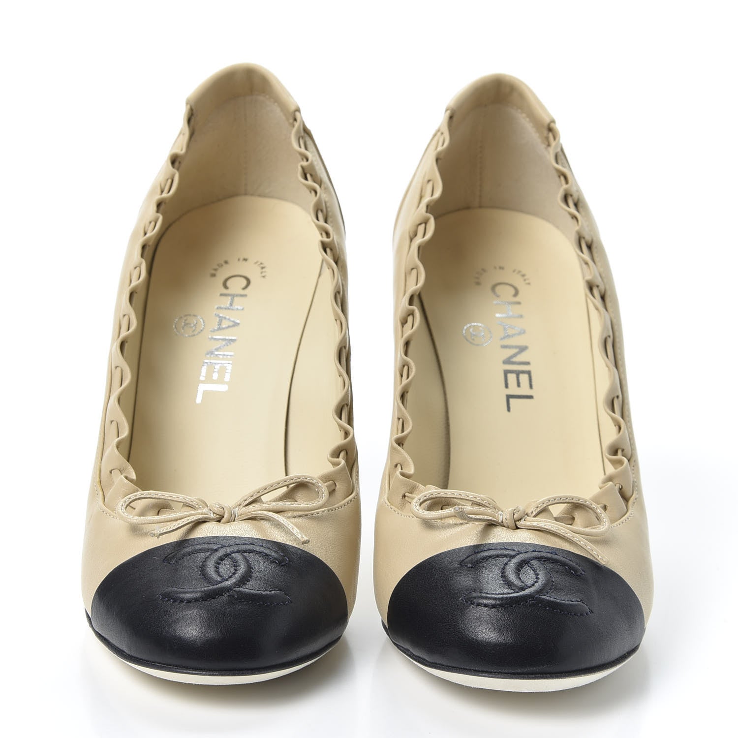 Chanel Lambskin Cap Toe CC Woven Pumps 38.5 Beige Black 3 of 11