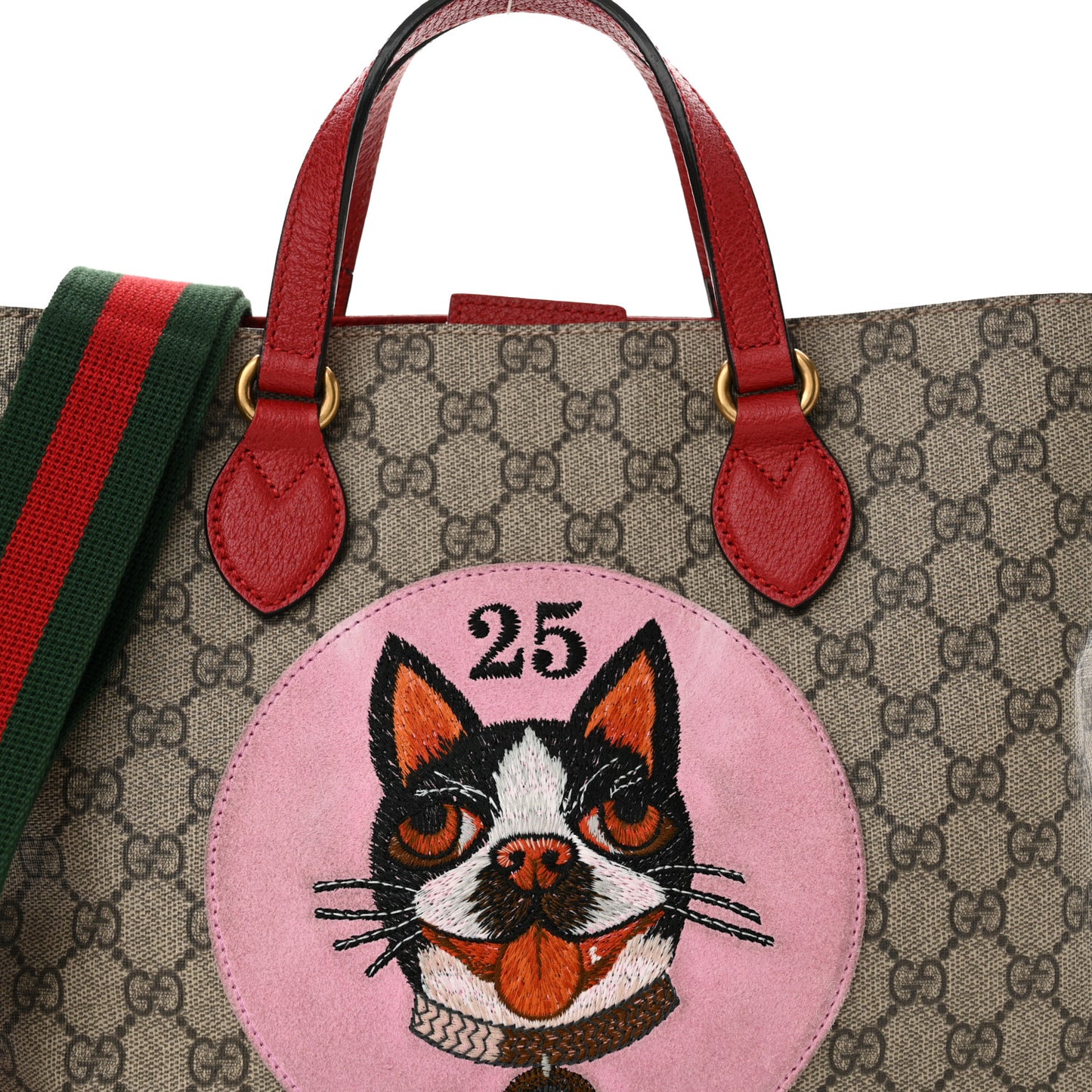 Soft GG Supreme Monogram Web Bosco Patch Small Crossbody Tote Beige Malva Hibiscus Red
