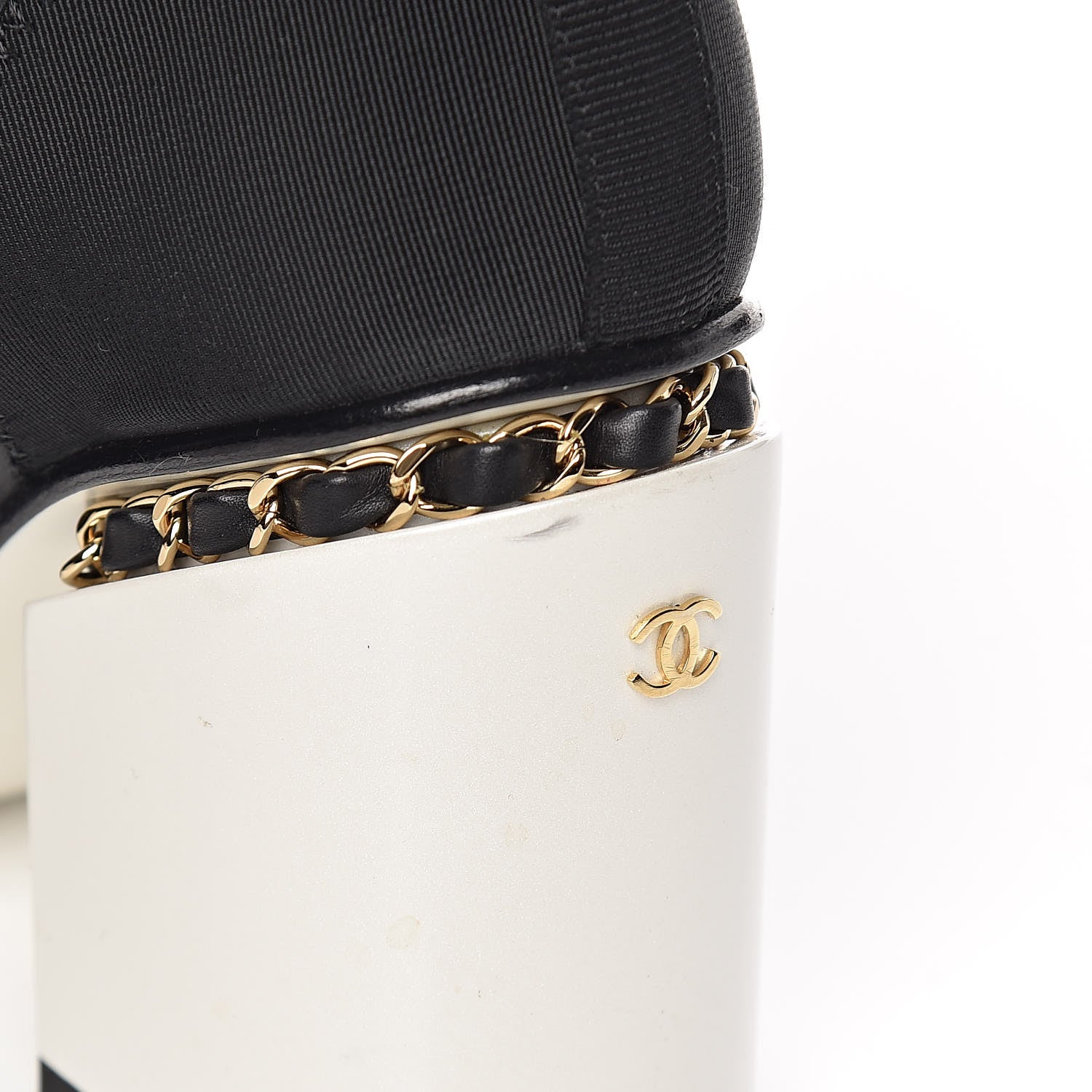 Chanel Calfskin Patent Grosgrain Chain Cap Toe High Boots 35 Black White 6 of 13