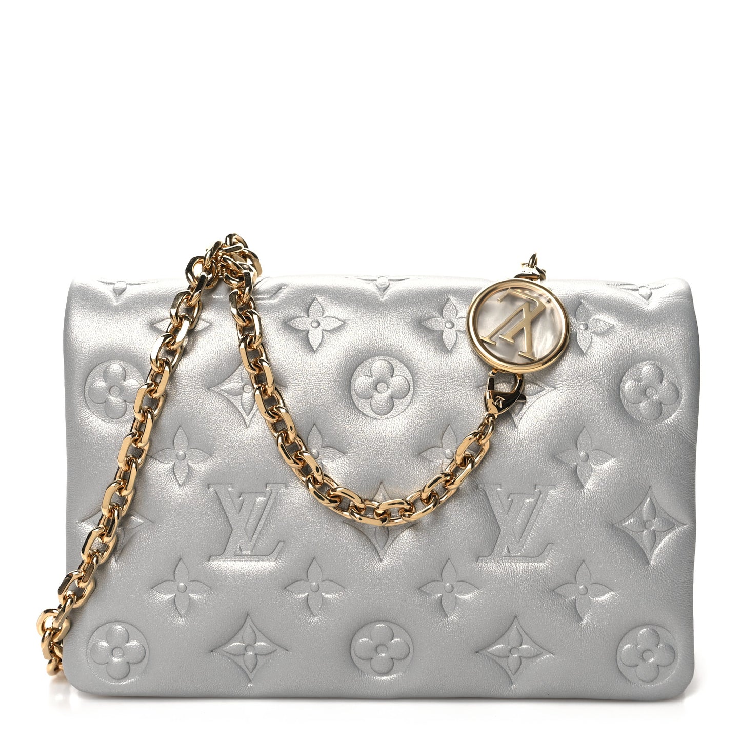 Metallic Lambskin Embossed Monogram Pochette Coussin Silver