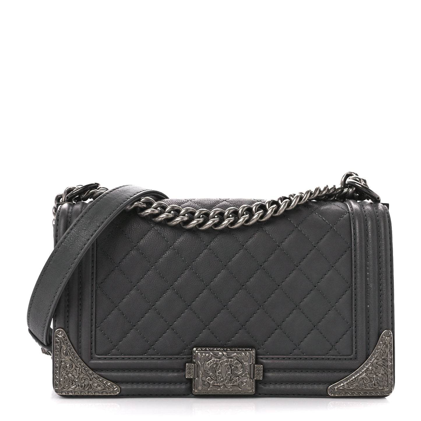Calfskin Quilted Metal Embellished Paris Dallas Medium Boy Flap Grey