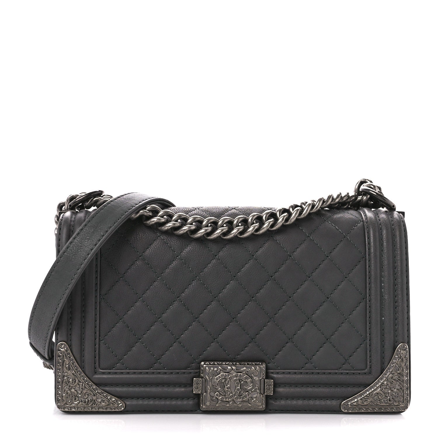 Chanel Calfskin Quilted Metal Embellished Paris Dallas Medium Boy Flap Grey 1 of 10
