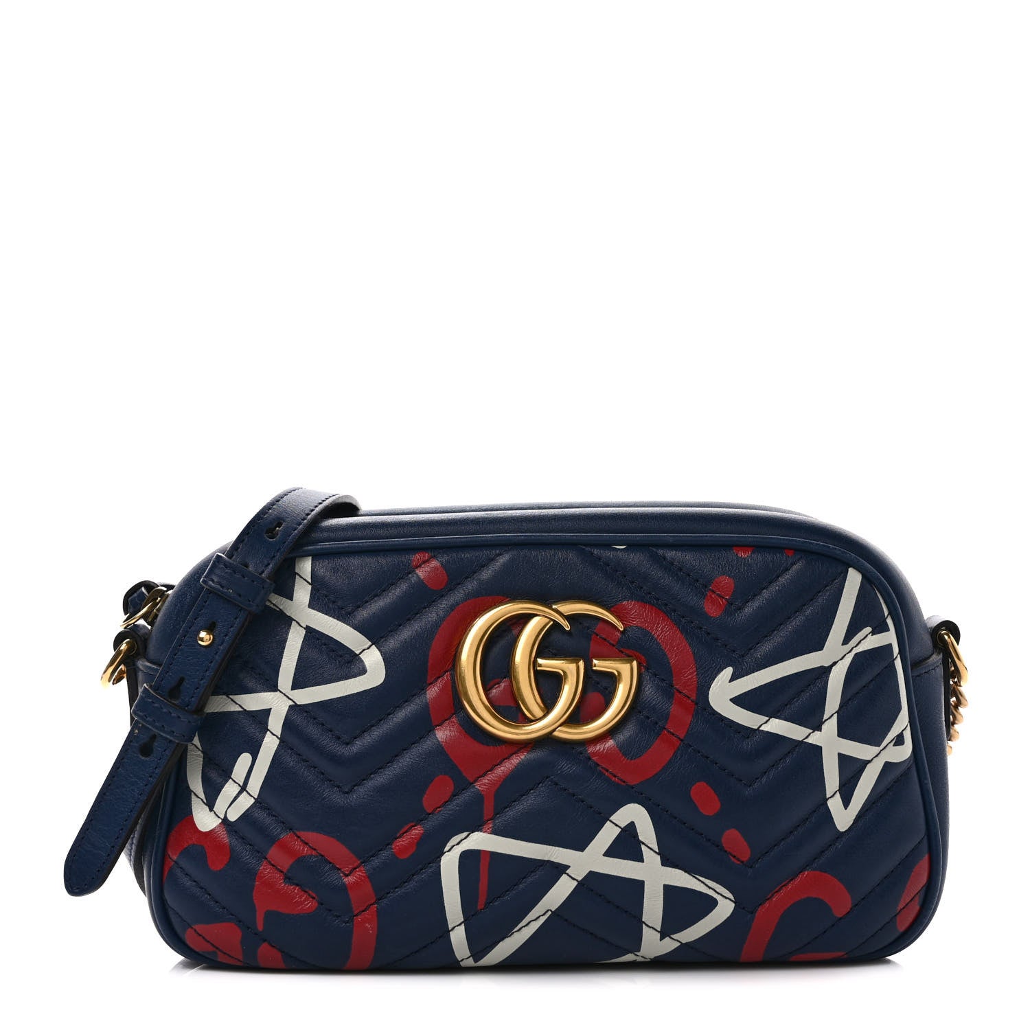 Gucci Calfskin Matelasse GucciGhost Small GG Marmont Chain Shoulder Bag Blue Agata Hibiscus Red 1 of 13