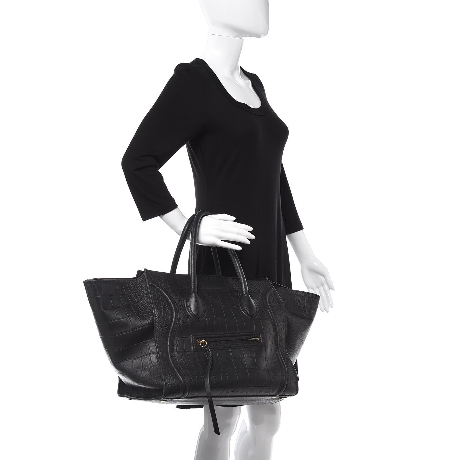 Celine Calfskin Crocodile Embossed Medium Phantom Luggage Black 2 of 8