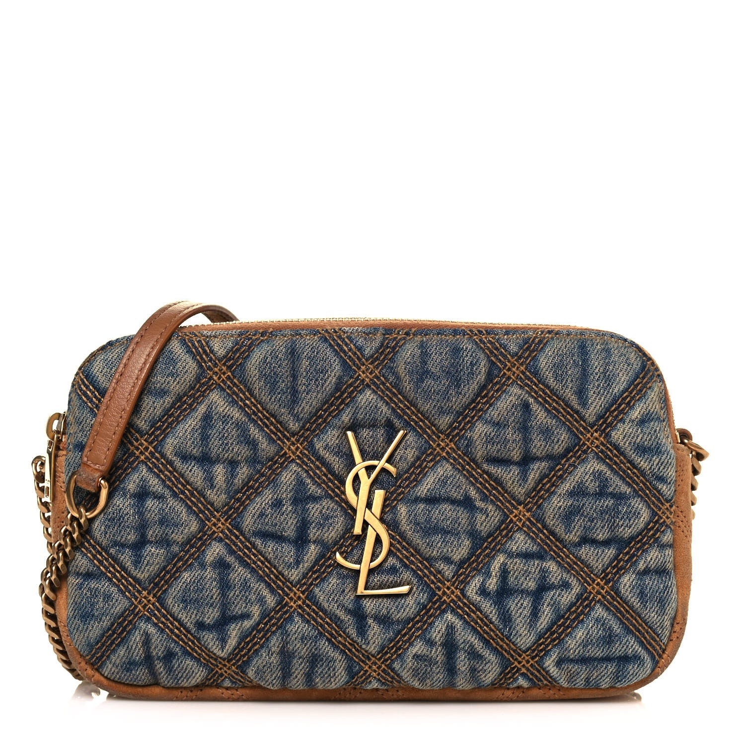 Saint Laurent Suede Denim Quilted Mini Becky Double Zip Bag Blue Cinnamon 1 of 13