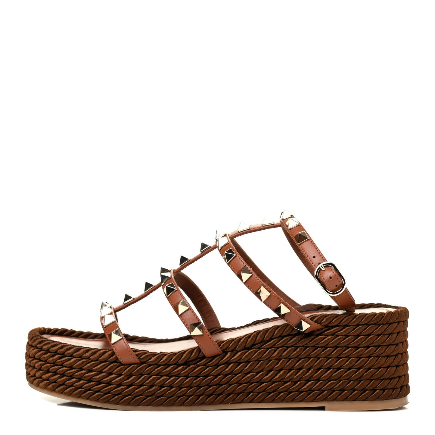 Calfskin Rockstud Ankle Strap Torchon Espadrille Caged 30/55mm Sandals 37 Saddle Brown