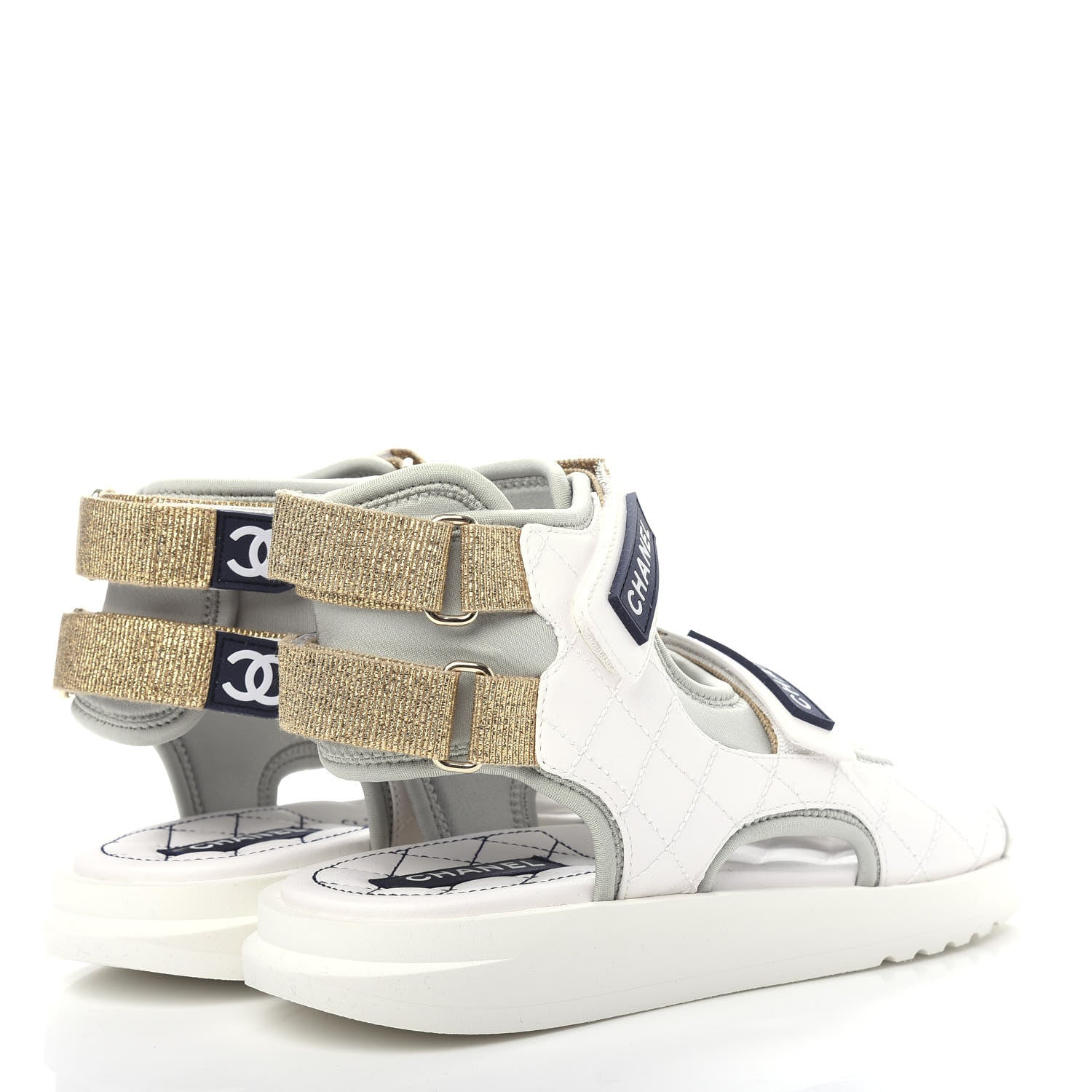 Chanel Goatskin Fabric Gladiator Sandals 37 White Light Grey Navy Blue 4 of 11
