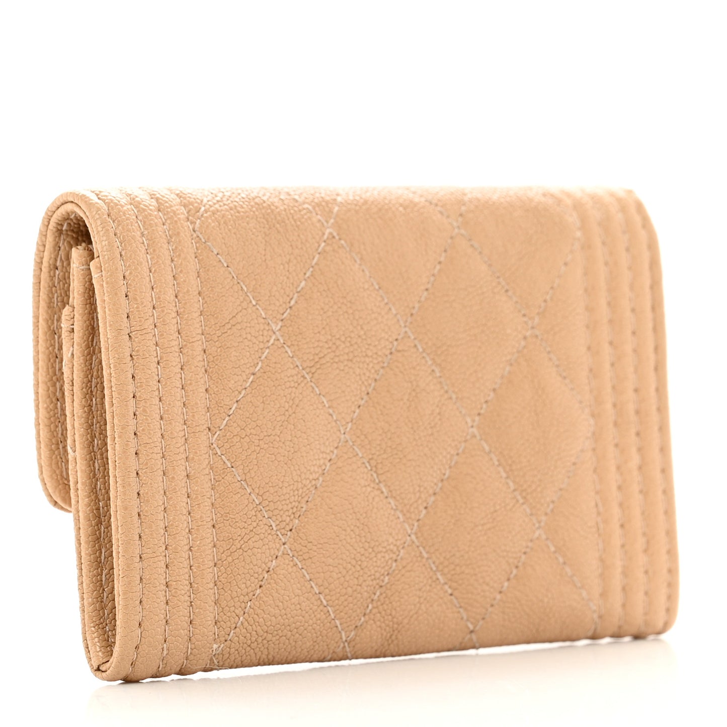 Caviar Quilted Boy Flap Card Holder Wallet Beige